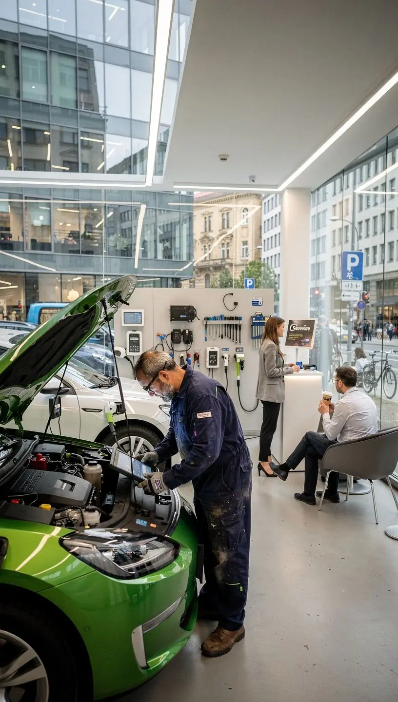 Hybridfahrzeug in der Werkstatt mit geöffneter Motorhaube und sichtbarem Batteriemodul.